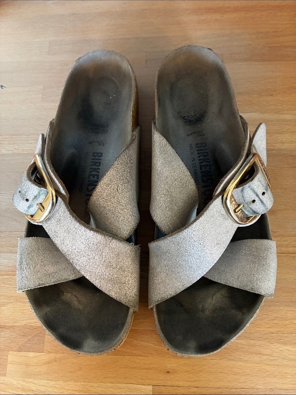 Birkenstock Women’s Taupe Crisscross Suede Sandals with Gold Buckles